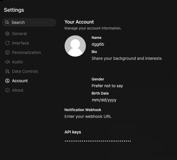 UVA RC Open WebUI Settings page with the Account tab selected and the API keys field at the bottom