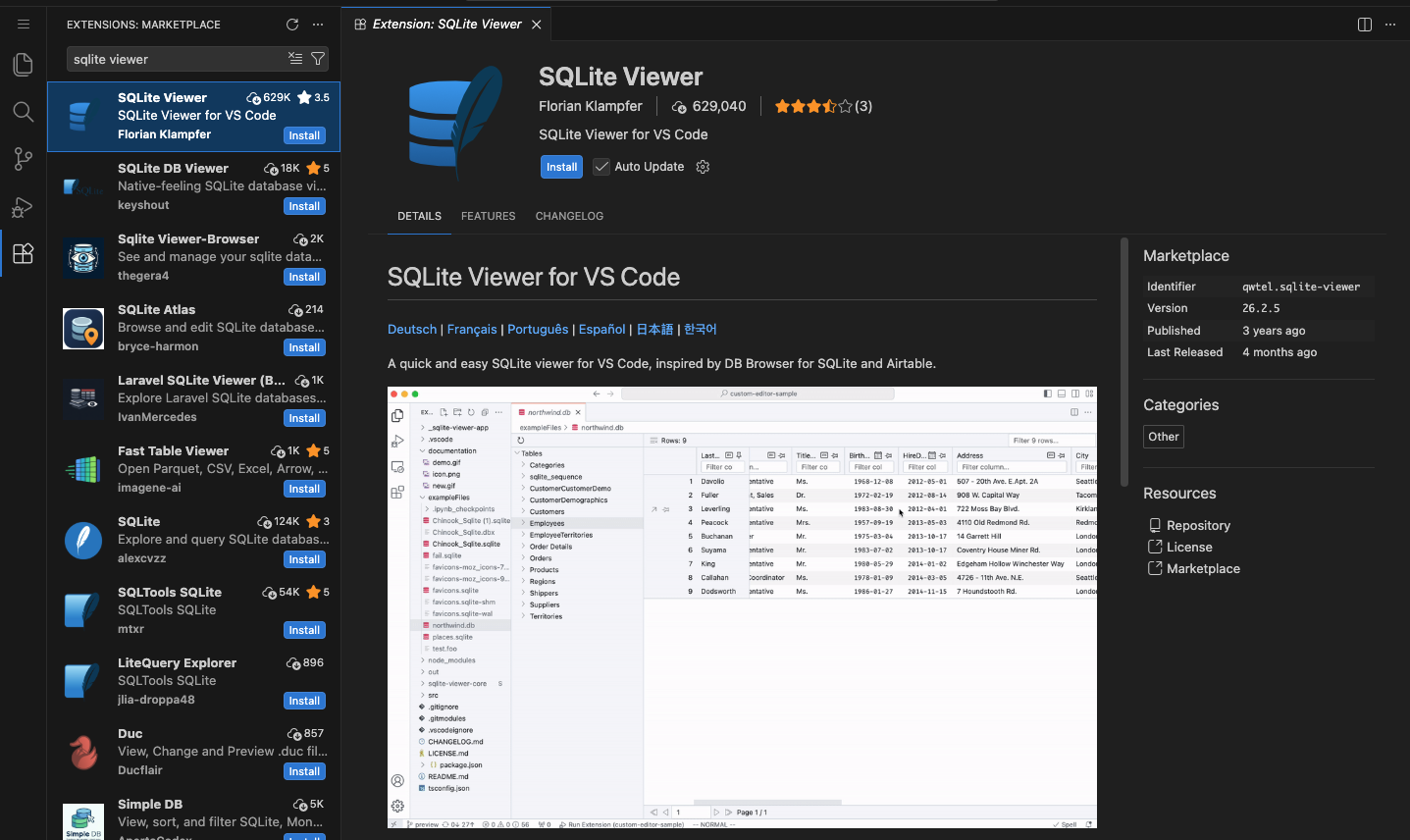 VS Code Extensions Marketplace with 'sqlite viewer' searched; the top result, 'SQLite Viewer' by Florian Klampfer (identifier qwtel.sqlite-viewer), is selected with an Install button. The alexcvzz 'SQLite' extension appears lower in the list.