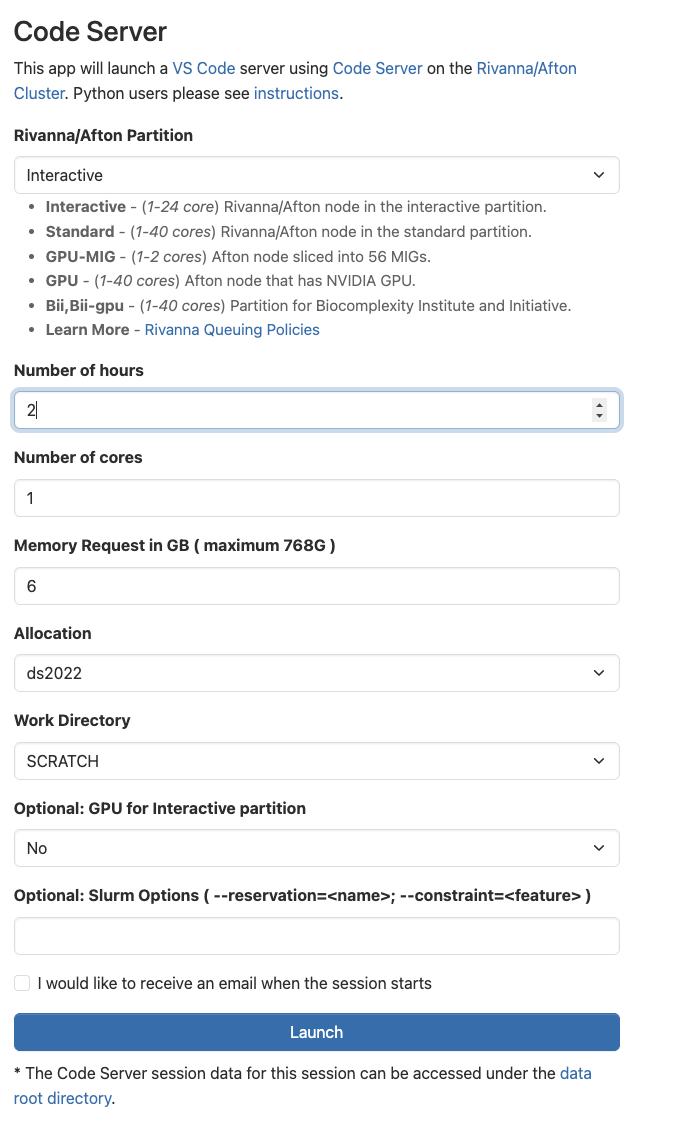 OOD Code Server launch form: partition=Interactive, hours=2, cores=1, memory=6 GB, Work Directory=SCRATCH, GPU for Interactive partition=No, ready to Launch