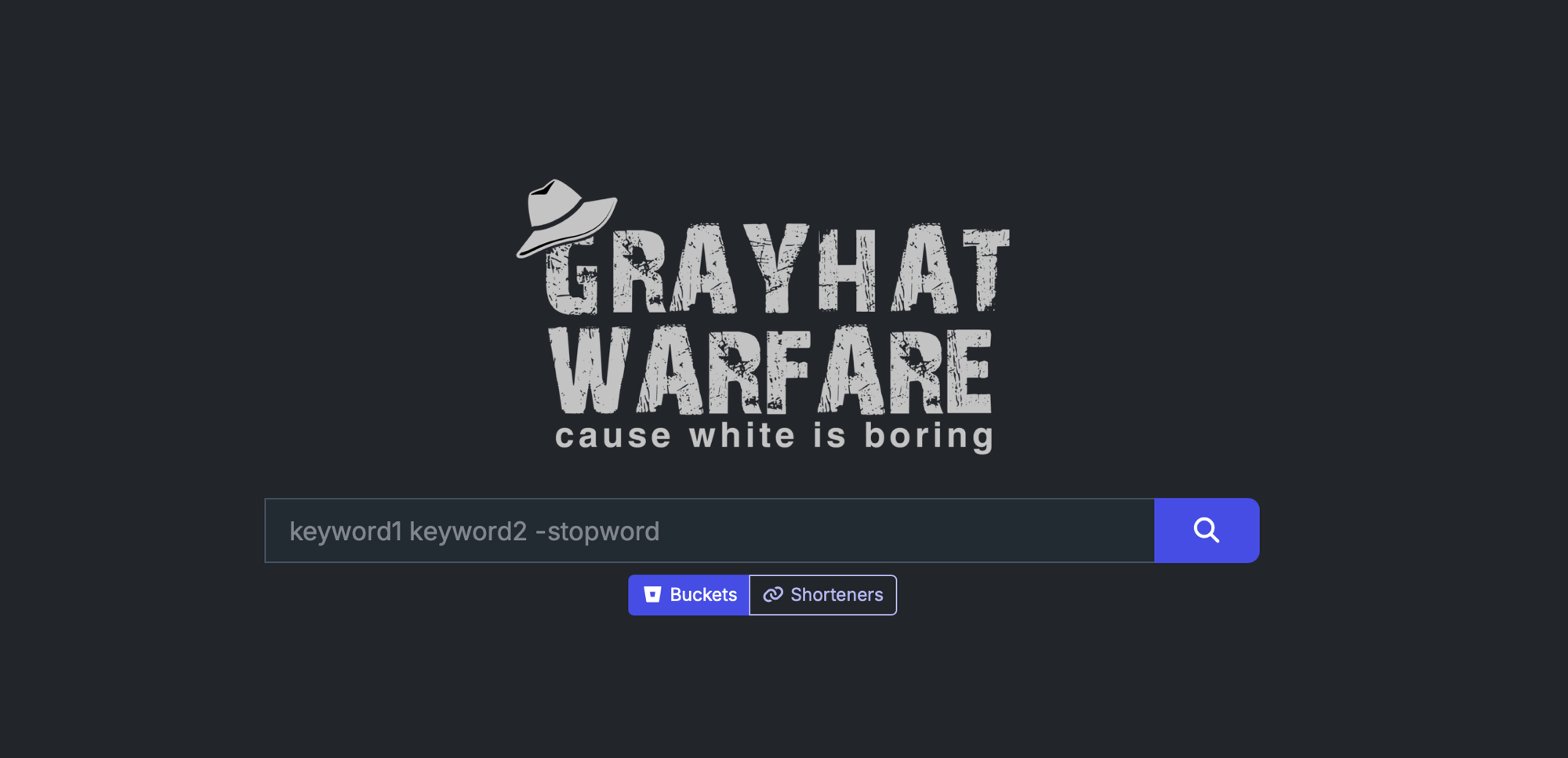 GrayHat Warfare home page: a dark screen with the GrayHat Warfare logo ('cause white is boring'), a search box pre-filled with the example query 'keyword1 keyword2 -stopword', and two tabs below it labelled Buckets and Shorteners.