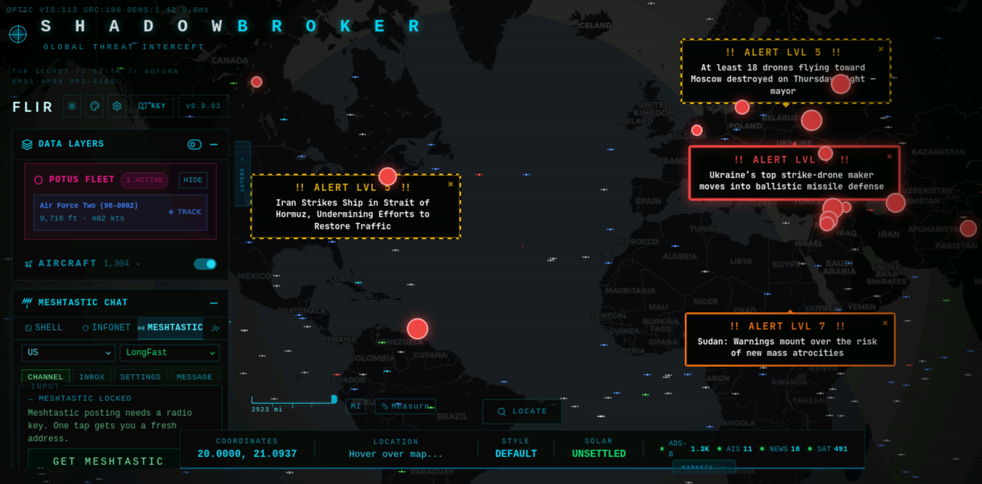 Shadowbroker 'Global Threat Intercept' UI: a dark world map covered in red alert markers and aircraft/ship dots, with a left sidebar showing Data Layers, a tracked POTUS-fleet aircraft, and a Meshtastic chat panel; the bottom bar shows live counts ADS-B 1.3K, AIS 11, NEWS 16, SAT 491.