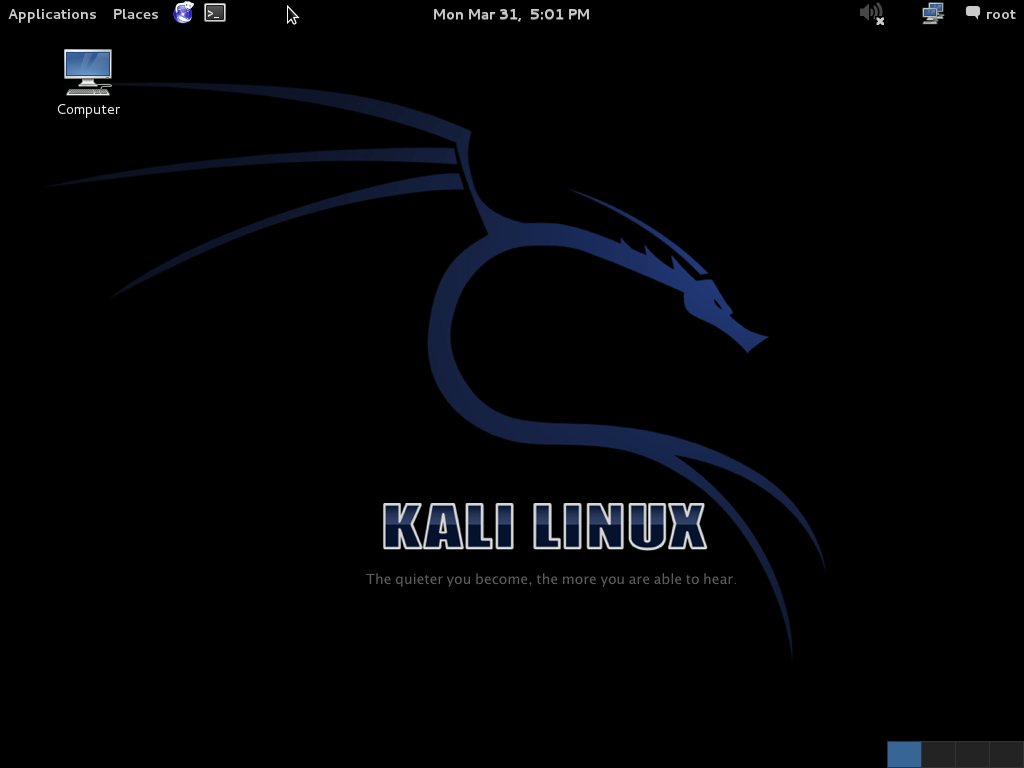 A Kali Linux desktop with the Applications menu and a terminal icon in the top-left panel.