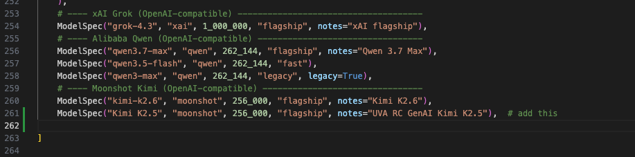 The Moonshot Kimi block in pentestgpt_legacy/llm/registry.py, showing the shipped kimi-k2.6 ModelSpec and the added Kimi K2.5 line.