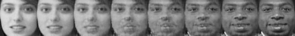 Eight-frame filmstrip: a clean face smoothly morphing from one person to another.