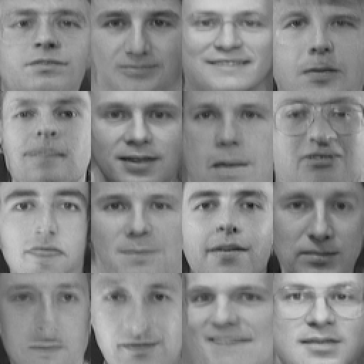 A 4x4 grid of 16 diffusion-generated grayscale faces, soft but each a different person.