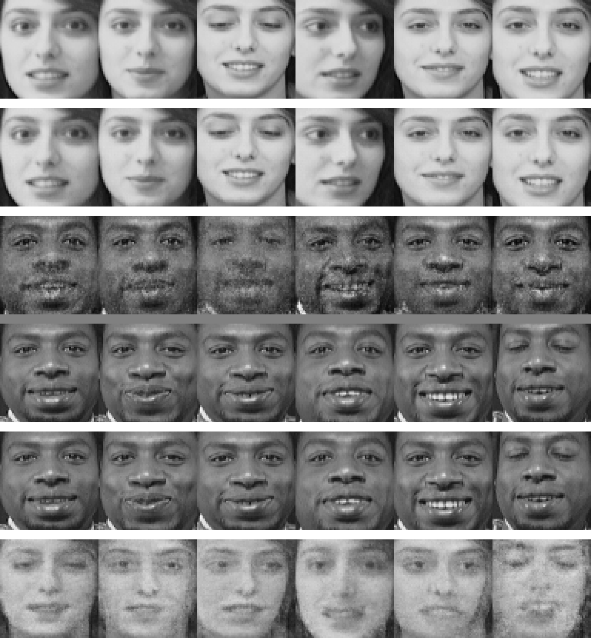 Six rows of 64x64 faces: originals, reconstructions, and identity swaps for two people.